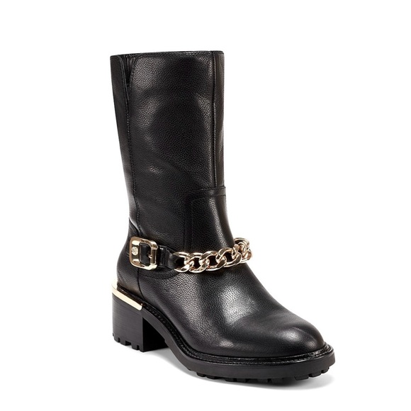 Vince Camuto Keshilka Booties Black Women’s Size 6 Leather Gold Chain Biker - Picture 1 of 10